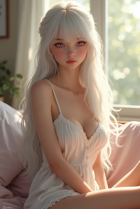 1girl, youthful, long_hair, ((smooth texture hair)) ((hazel eyes)), ((long white_hair)), ((purple eyes)),  morning view, full_body, indoors, lips ((swept bangs)), ((sitting)), ((wearing pajamas)), very detailed and high resolution