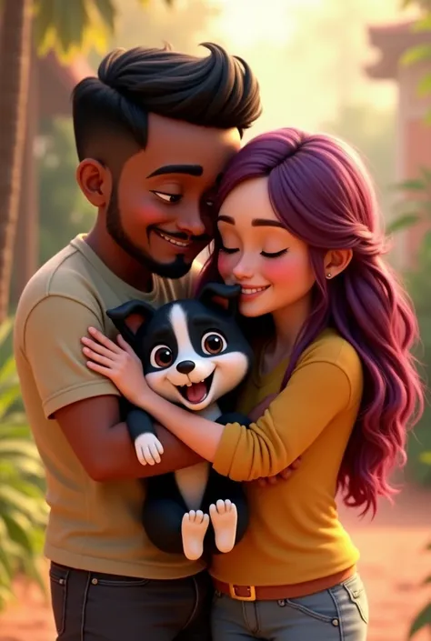 Disney Pixar-type animation of a young Colombian man with dark skin, cheek, a chubby one, short black hair with fade cut, thin nose, thin eyebrows and short beard. Hugging a chubby young woman with long violet red hair very lovingly, white skin and an adul...