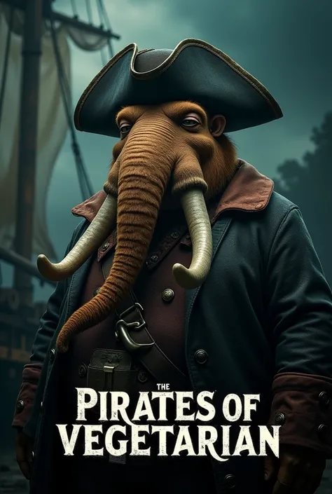 Create a cinematic poster featuring photorealistic portrait of Dressed animals - a ((fat)) mammoth pirate, , wearing  pirate costume and  pirate hat , with a serious, intense expression, He should be slightly off-center in the composition, The background s...