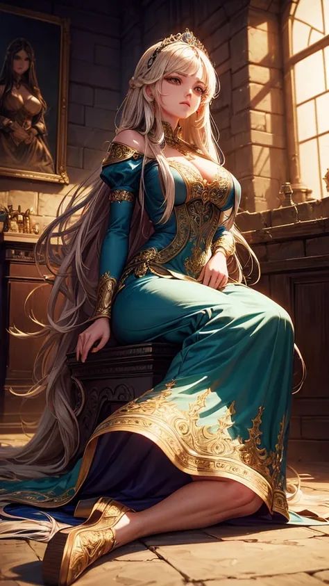 a beautiful princess with long hair, detailed face,sitting on the floor of a prison cell, large breasts, anxious expression, ornate dress, fantasy, intricate details, cinematic lighting, dramatic atmosphere, highly detailed, 8k, photorealistic, masterpiece...