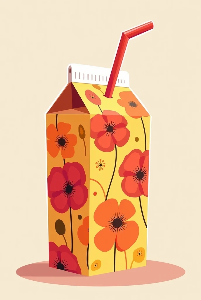 A juice box with a straw and a sticker with poppy flowers that is 2d