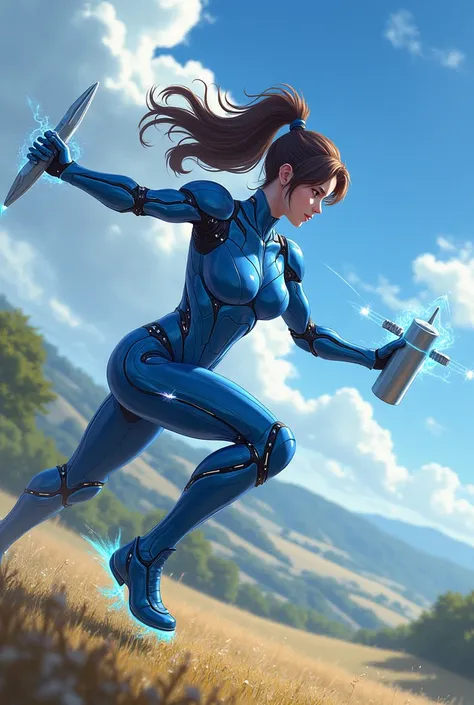 A woman in technological blue armor, invisible hammer, with turbines on legs speed ray swords, fighting in the field, アニメ