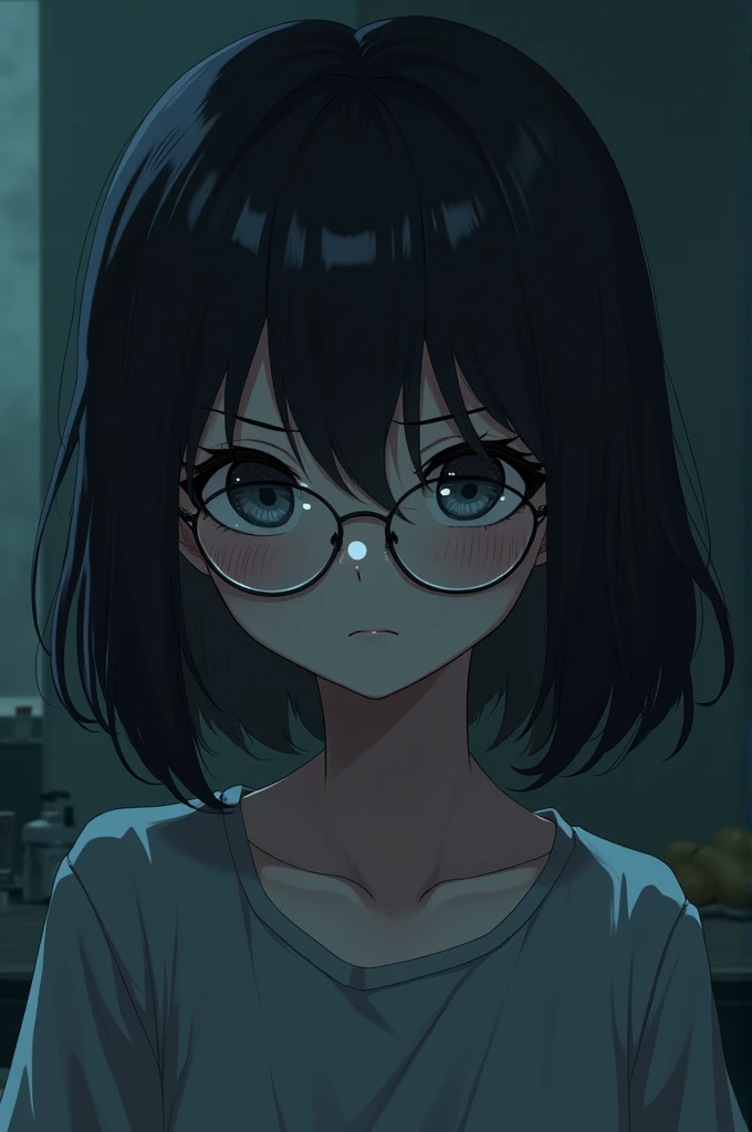 Anime-style gloomy girl with glasses