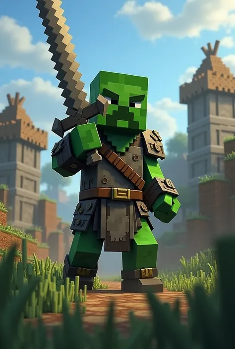 Green warrior with sword, pixelated, Minecraft clan invasion, fund