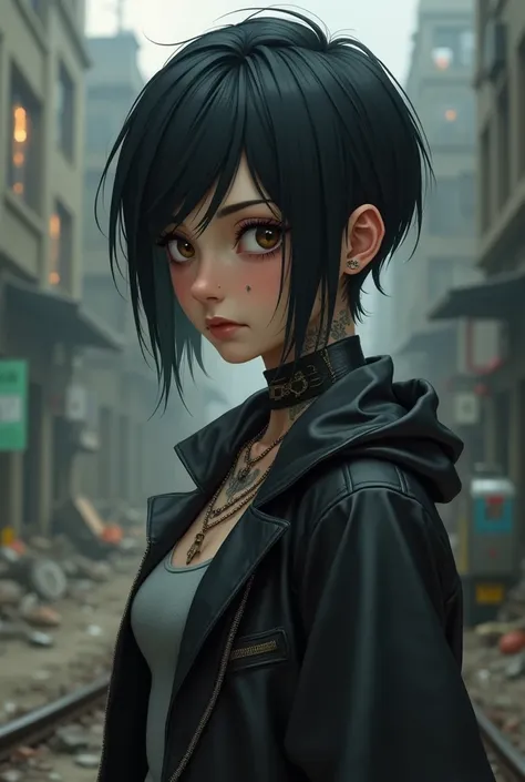 ((best qualityer)), ((apocalyptic world)), (detailded),  A girl with short black hair with tattoos wearing dark clothes
