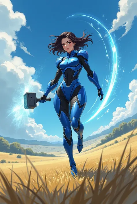 A woman in technological blue armor, invisible hammer, with turbines on legs speed ray swords, fighting in the field. アニメ