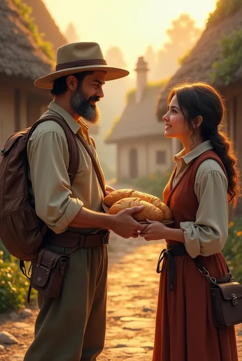 A humble farmer, dressed in simple, worn-out clothing, is handing a loaf of bread to a weary traveler. The setting is a small, rustic village with thatched cottages in the background. The farmer’s face is kind, and the traveler looks relieved and grateful....