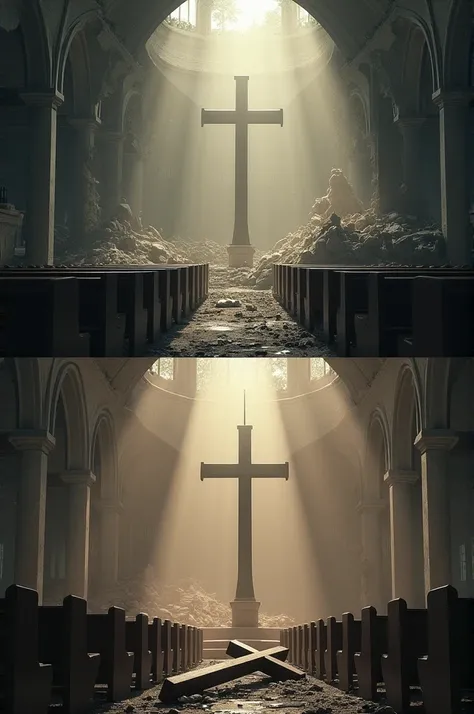 Make two pictures of the inside of a church, one with the church collapsed with only the cross standing intact and another with the cross fallen