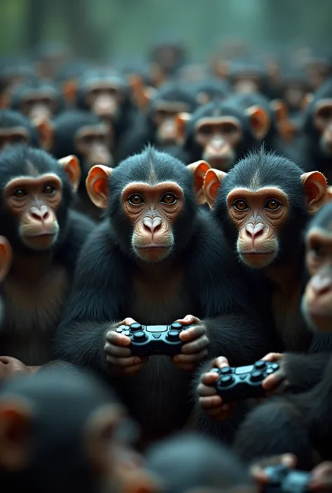 Generates an image of primates gathered together that look dressed like human teenagers playing video games