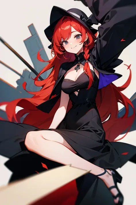 black eye.smile, Inner Color, Hide your ears, Long Hair, chest, Redhead, Black dress,cute