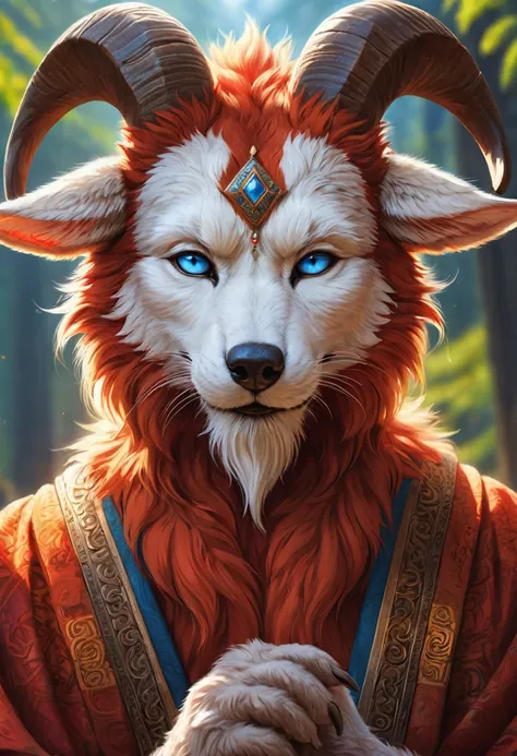 anthropomorphic geriatric kitsune-satyr monk. red fur. old, wrinkled ancient, decrepit. crystal blue eyes. wise face. wizened. l...