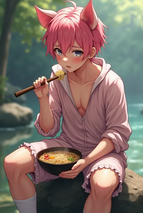 Beautiful boy with pink hair, succulent and sexy and very sensual curves, rather sloppy pig cosplay with torn suit, face and facial features delicate and a little rustic and clearly blushing, very detailed, 8K, riding on a rock eating soba, a yaoi work ani...