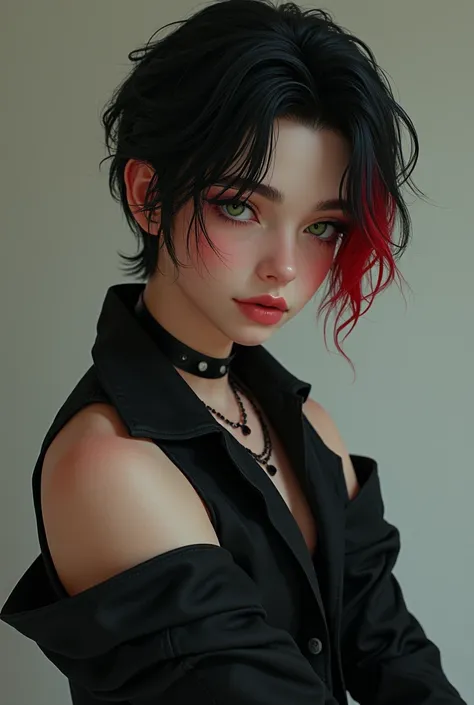 naughty man, 15year old, feminine way of acting, Caucasian skin, black hair but red at the ends, greeneyes, black clothes but the shoulders are open.