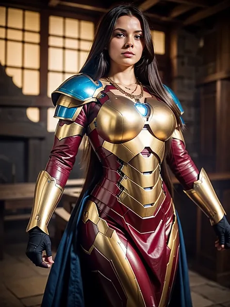 It was medieval, facing me, a woman of about 25 years old, with long hair and a necklace around her neck, large rounded breasts, iron man-style armor, blue armor, gold-trimmed armor, belly out, body posture, upright, standing