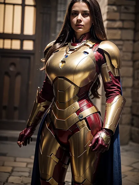 It was medieval, facing me, a woman of about 25 years old, with long hair and a necklace around her neck, large rounded breasts, iron man-style armor, blue armor, gold-trimmed armor, belly out, body posture, upright, standing