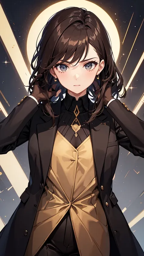 A woman in a dark brown elegant suit pointing at black, A futuristic aesthetic that is tied to the elegance of Parisian jackets and elegance, a case that covers your face with gold and black touches