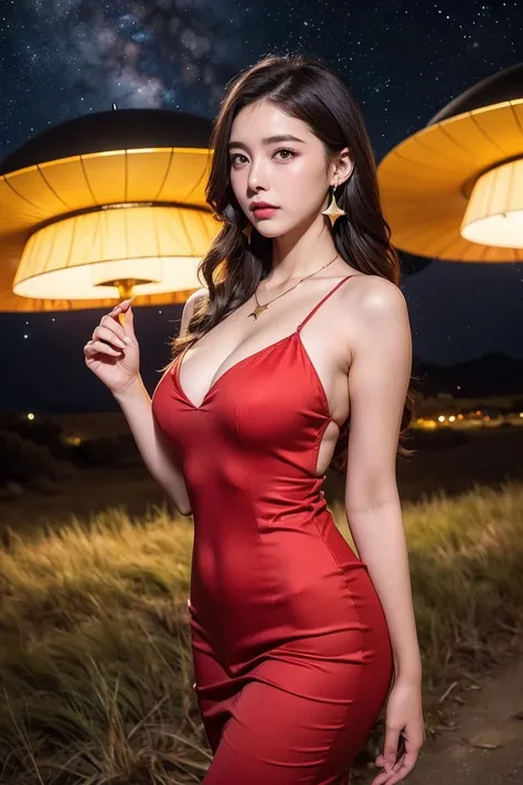 Highest quality, masterpiece, Realistic, High resolution, 8K RAW Photos, 1 girl, Browsing Caution、Medium Long Hair、((Glamour body:1.3))、(Red dress with star motif、Gold border、Tar Pendant、Star Earrings、(Hill where you can see the night sky)、(UFO in the sky:...