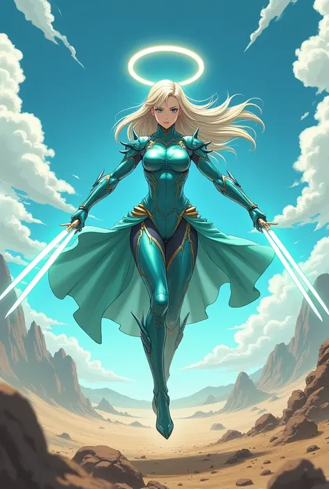 A woman in technological turquoise armor, halo floating,invisible hammer, with turbines on legs speed ray swords, fighting in the field. アニメ