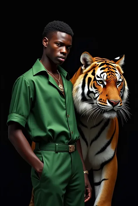 Young black man with a faded haircut, beautiful green clothes, a black background and next to him a big, roguish tiger