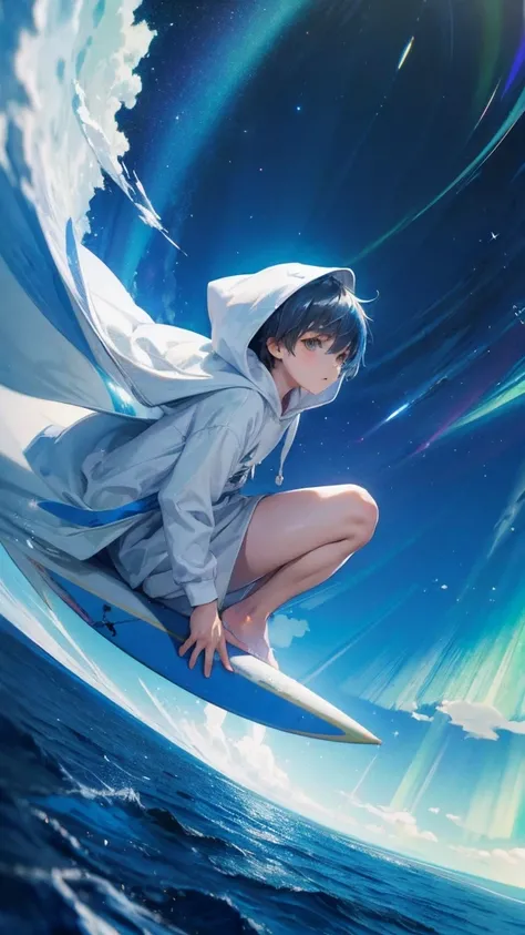 A young boy wearing a white hoodie, surfing on clouds, aurora trails, blue skies, windy, lens flare