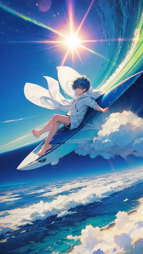 A young boy wearing a white hoodie, surfing on clouds, aurora trails, blue skies, windy, lens flare