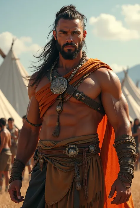 Realistic image A muscular young leader of a nomadic people who raises cattle as if he were a demigod warrior with his people behind them and tents