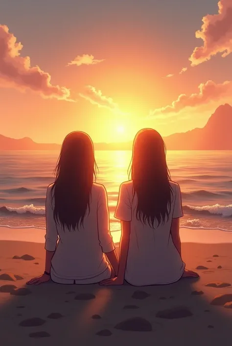 Two women at sunset on the beach, sitting with their backs to the photo