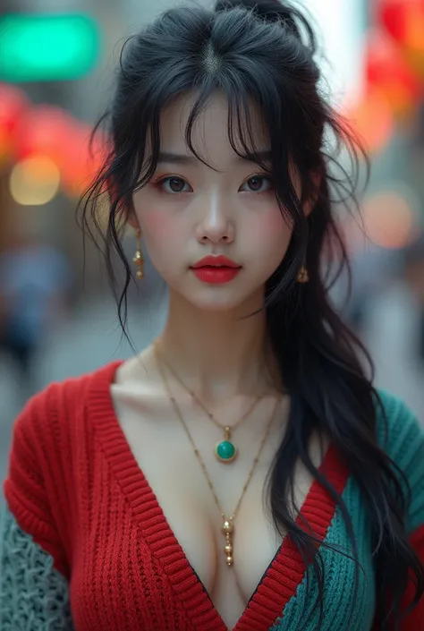 Urban beautiful girl college student, masterpiece, light makeup, red lips, messy black long hair, street background, beautiful, elegant. super fine details, master works, authentic texture, cinematic lighting realism, exquisite features, blue eyes、japanese...