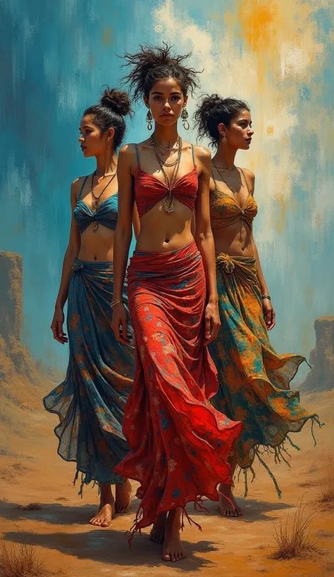  ((Paletteknife Oil painted harmonic colors)), ((Three female Brunete Latina  goddess gown)), ((Full body)), ((Hard Dynamic Poses)), (((womens , short hair or hairless))), stunning face ,((Random dress tribal clothes)), (((tribal artifacts))), ((tribal oil...