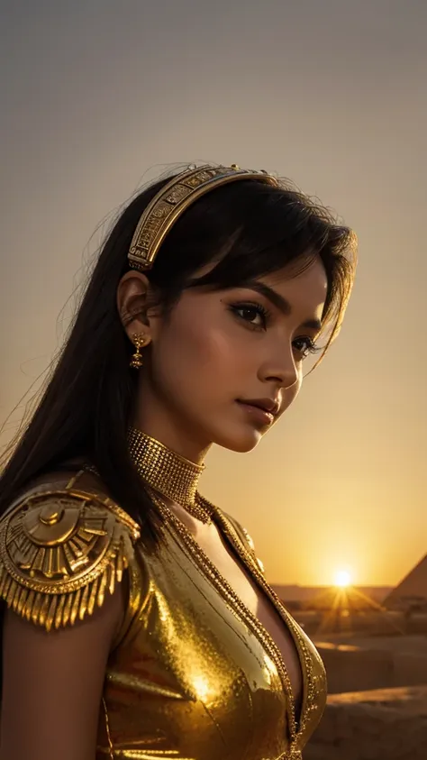 image of graceful cleopatra against the backdrop of the egyptian pyramids, a dramatic golden sunset.