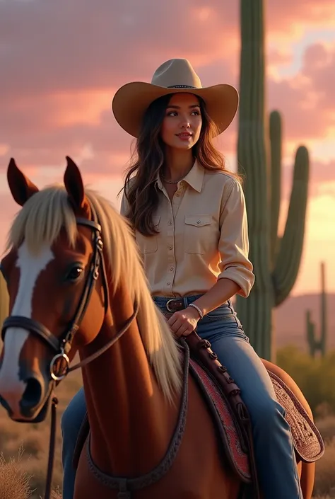 (photorealism:1.2), beautiful cowgirl, sitting on quarter horse , cacti in background,  relaxed pose, realistic, intricate details, warm pink and purple colors, by Greg Rutkowski, by Alphonse Mucha