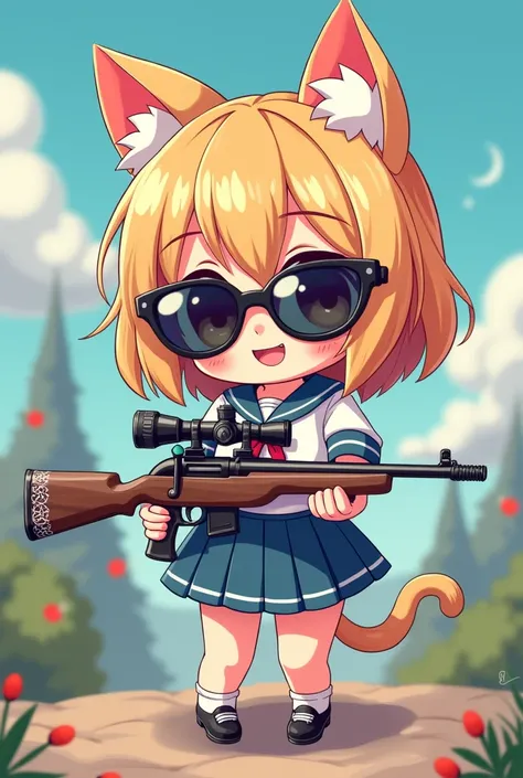 Chibi-chara Lolita girl with cat ears wearing a sailor uniform and sunglasses holding a sniper rifle