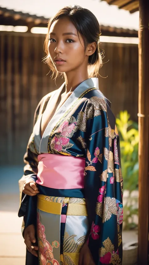 ruins, Improve, Dark skin, (Shiny, oily skin:1.2), Sony a7, 35mm lens, 1 1 1.8, Film Grain, Soft lighting, dark Knight, Wearing a brightly patterned kimono, Blonde