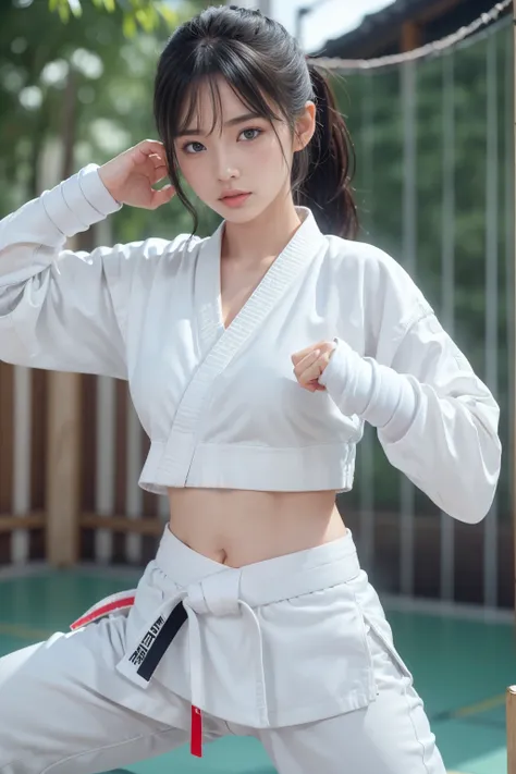 (i can see a sporty bra)、(((karate clothes)))、female karateka with bangs and ponytail、visible navel and lower chest、shiny skin、(...