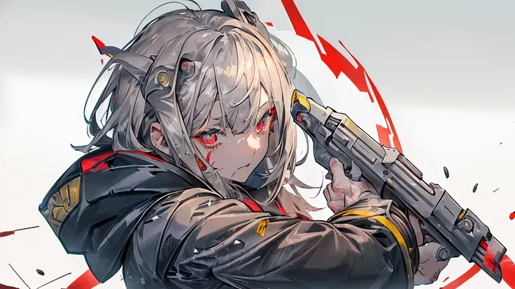 Girl、Handgun、(((((((一つのHandgun)))))))、((Aim the gun at the camera))、((Upper Body))、((Gray Hair))、((Photograph from the front))、(((((gun))))),（Covered in blood）、Clothes full of scratches、((Scarred Face))、Red-black eyes、Detailed eyes、Black hoodie、((Detailed ...