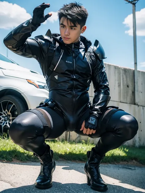 ((Best Quality, 8K, ultra-detailed, Masterpiece: 1.3)), 1boy, shiny skin, sharp, Perfect Body Beauty, realistic shaded perfect body, (cute baby face:1.1),("bodysuit, techwear,big bulge ":1.2),("leggins , armor":1.1),("glove, armor":1.1 ),(techwear)(dynamic...