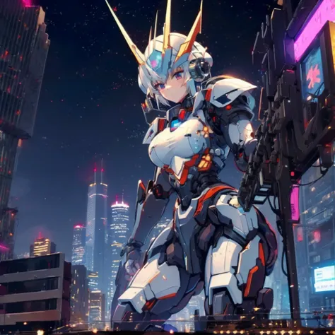 ((Big city)) ((Valley of skyscrapers)) ((Vehicles)) ((Crowd)), gundam style,Electronic illustrations of women with mechanized armor and guns in outer space, one girl, breasts, ships, weapons, military vehicles, mecha girls, guns, big breasts, space battles...