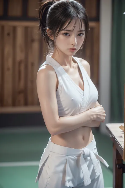 (i can see a sporty bra)、(((sexy karate singlet clothes)))、female karateka with bangs and ponytail、visible navel and lower chest...