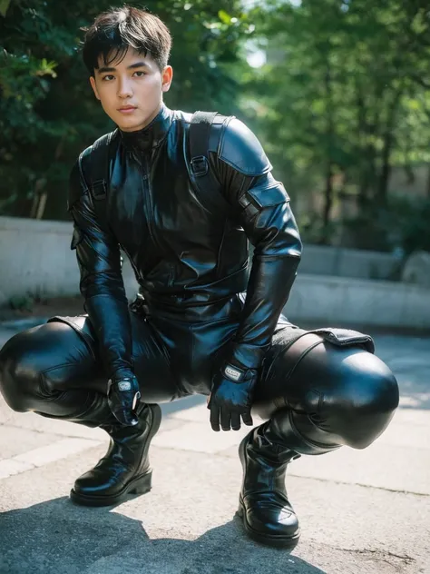 ((Best Quality, 8K, ultra-detailed, Masterpiece: 1.3)), 1boy, shiny skin, sharp, Perfect Body Beauty, realistic shaded perfect body, (cute baby face:1.1),("bodysuit, techwear,big bulge ":1.2),("leggins , armor":1.1),("glove, armor":1.1 ),(techwear)(dynamic...