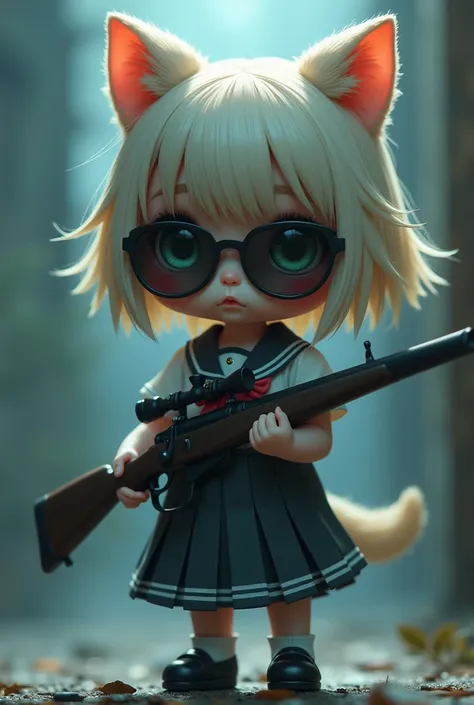 Chibi-chara Lolita girl with cat ears wearing a sailor uniform and sunglasses holding a sniper rifle　
More mysterious and doll-like. A little more Japanese. More doll-like and not cute. More cute. The cute taste is fine, but I want a cuter face so it doesn...