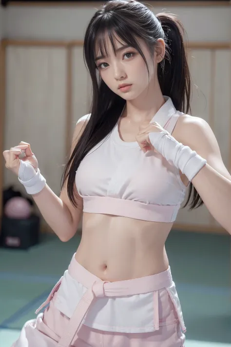 (i can see a sporty bra)、(((sexy pink karate singlet clothes)))、female karateka with bangs and ponytail、visible navel and lower ...