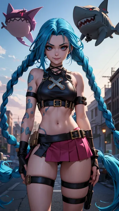 Jhinx, arcane, Jhinx character from League of Legends, long neon blue hair in braids, Perfect medium breasts, scantily clad, underwear, Sex Woman, perfect hands, double hair braids, Braided hair, Minipistola, Juxtaposition of light& shadow, moody, intense,...