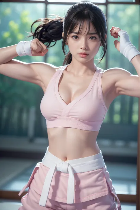 (I can see a sporty bra)、(((Sexy pink Karate singlet clothes)))、Female karateka with bangs and ponytail、Visible navel and lower chest、shiny skin、((shy face))、((Turn your face away))、((look sideways))、((face is flushed))、(Watery eye)、cry、(((Karate Dojo)))、(...