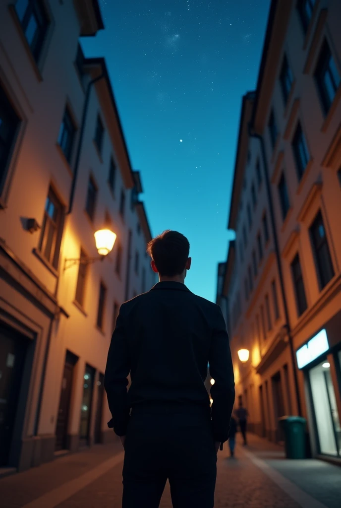 Back view of a man looking up at the starry sky under a street lamp on a European street corner、photograph