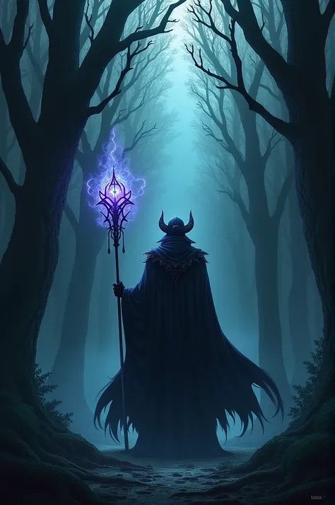 
A character inspired by the anime "overlord", with a dark and imposing appearance, is in the center of a dense and mysterious forest. He is holding a powerful staff, that emits an intense, supernatural glow due to the use of mana. The surrounding environm...