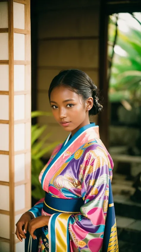 ruins, Improve, Dark skin, (Shiny, oily skin:1.2), Sony a7, 35mm lens, 1 1 1.8, Film Grain, Soft lighting, dark Knight, Wearing a brightly patterned kimono, Blonde