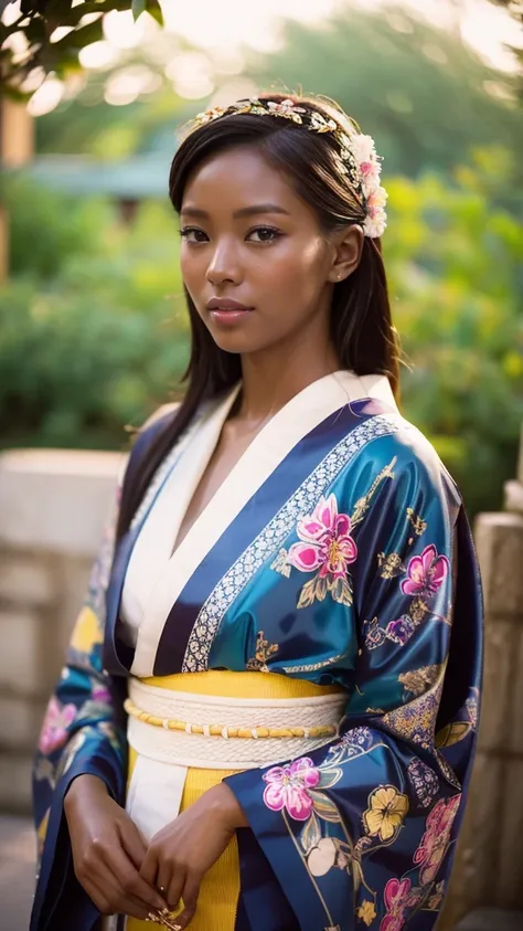 ruins, Improve, Dark skin, (Shiny, oily skin:1.2), Sony a7, 35mm lens, 1 1 1.8, Film Grain, Soft lighting, dark Knight, Wearing a brightly patterned kimono, Blonde