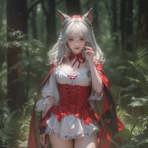 Standing in the forest、Hair Flow、 ((Highest quality、masterpiece、8k、Best image quality、Ultra-high resolution、Award-winning works)、(Accurate anatomy:1.1)、(Look at me and smile:1.1)、Shining fair skin with Ultra-high resolution、The most detailed face、Ultra-hig...