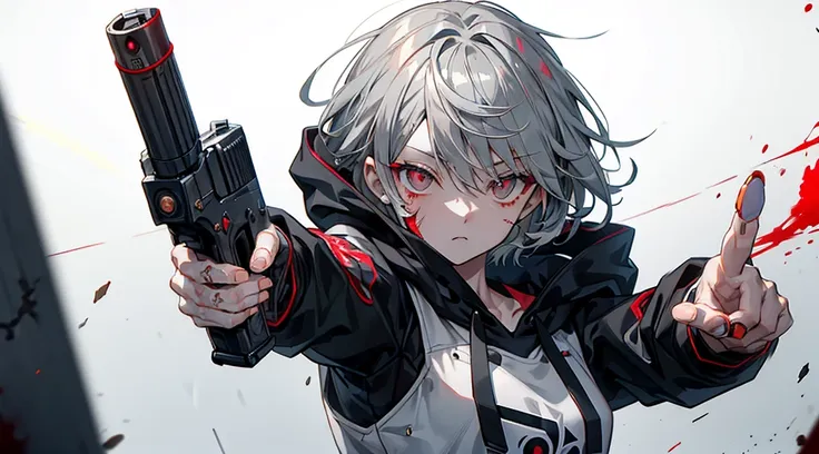 girl、handgun、一つのhandgun、((aim the gun at the camera))、((upper body))、((gray hair))、((photograph from the front))、(((((gun))))),(...