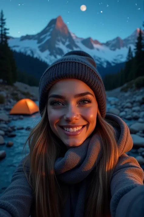 photorealistic, best quality, hyper detailed, beautiful woman, selfie photo, upper body, solo, wearing pullover, outdoors, (night), mountains, real life nature, stars, moon, (cheerful, happy), sleeping bag, gloves, sweater, beanie, flashlight, forest, rock...